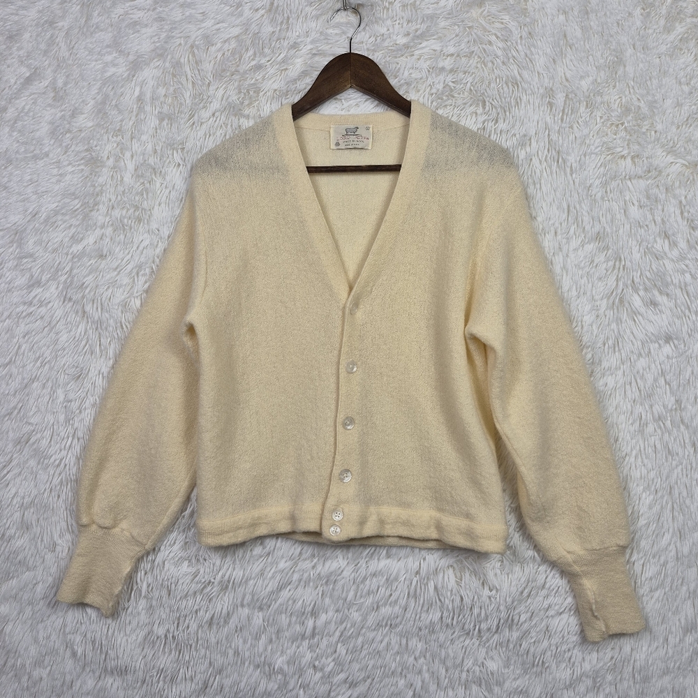 Vtg Lord Jeff Cream 100% Fine Worsted Wool Cardigan Womens Size Lg USA Old Money
